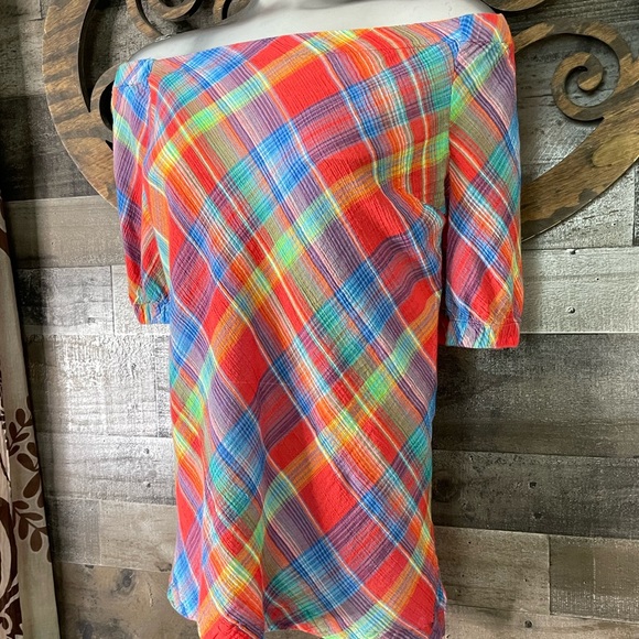 Ralph Lauren 90s y2k Plaid Off Shoulder Blouse Colorful Checkered Preppy - Picture 7 of 16